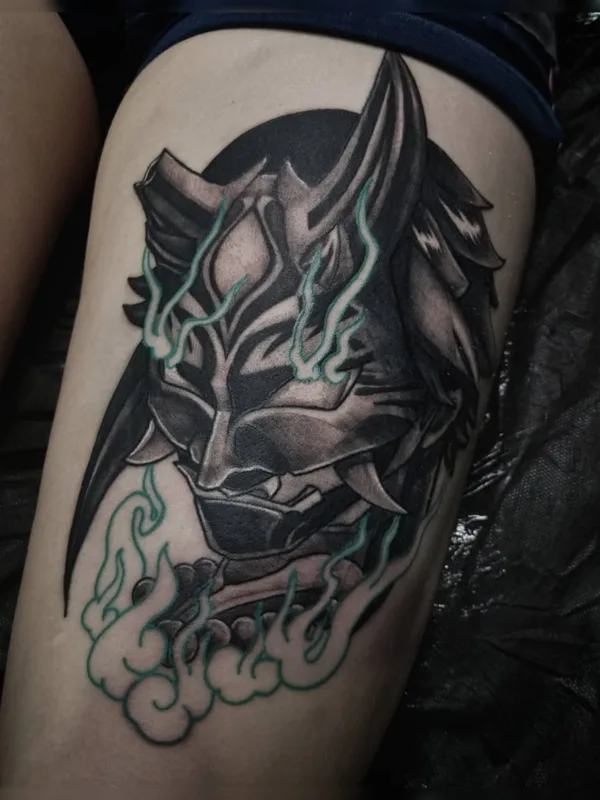 black and grey black and grey Tatuagem em thigh #49591 | Tatuador Roxy Tattoo