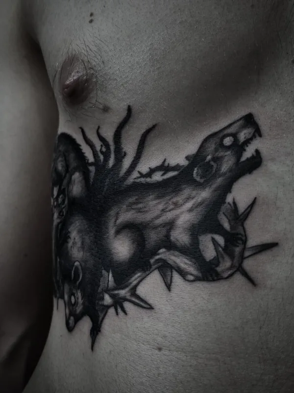 male black and grey blackwork Tatuagem em chest #49595 | Tatuador Roxy Tattoo