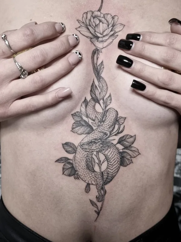 female black and grey blackwork Tatuagem em sternum #49585 | Tatuador Roxy Tattoo