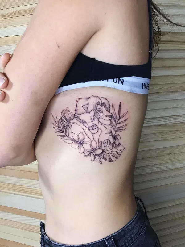 female black and grey linework Tatuagem em ribcage #49652 | Tatuador Даша Черникова