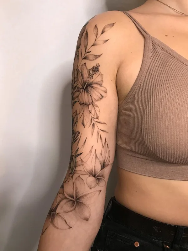 female black and grey fineline Tatuagem em full sleeve #49657 | Tatuador Даша Черникова