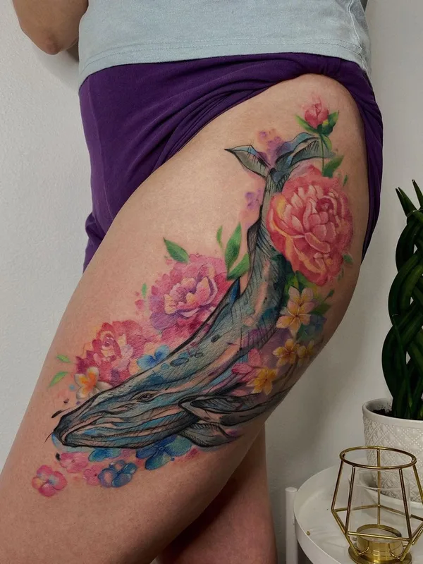 female color watercolor Tatuaggio su thigh #52912 | Tatuatore Kristina Borovkova