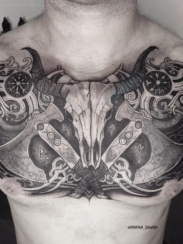 male black and grey blackwork 纹身 在 chest #52956 | 纹身师 Danara Atapina