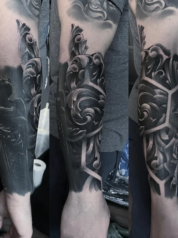 black and grey blackwork tatuaje en full sleeve #67628 | Tatuador Gábor Heizler