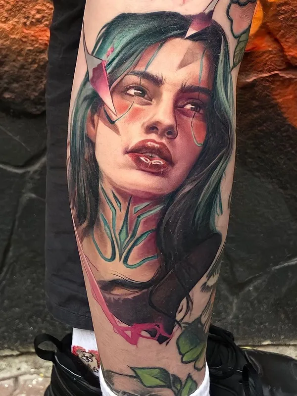 female color realism tattoo on calf #39875 | Tattoo Artist Сергей Ом