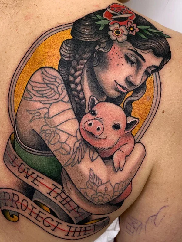 female color neo traditional tattoo on shoulder blade #31008 | Tattoo Artist Javier Franko