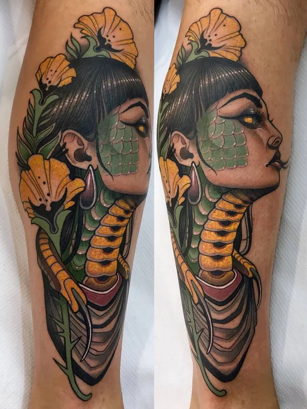 female color neo traditional tattoo on calf #31003 | Tattoo Artist Javier Franko