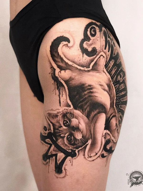 black and grey black and grey татуировка на thigh #41048 | Тату мастер Саша Кот