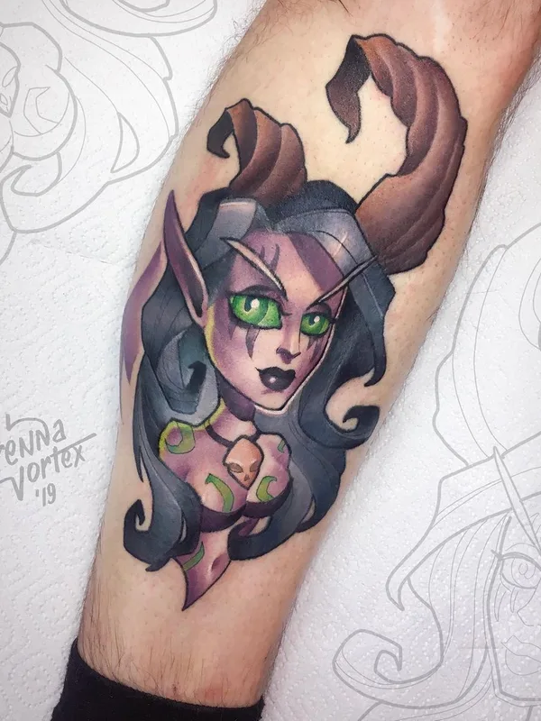 color illustrative tattoo auf calf #43657 | Tätowierer Serenna Vortex