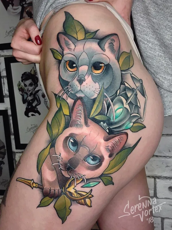 female color illustrative tattoo auf thigh #43655 | Tätowierer Serenna Vortex