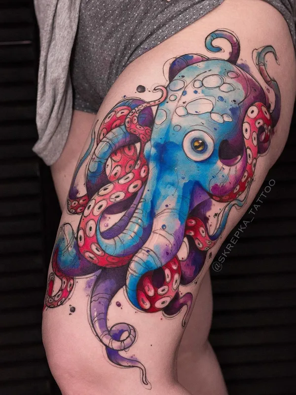 female color watercolor tattoo on thigh #43741 | Tattoo Artist Настя SKREPKA