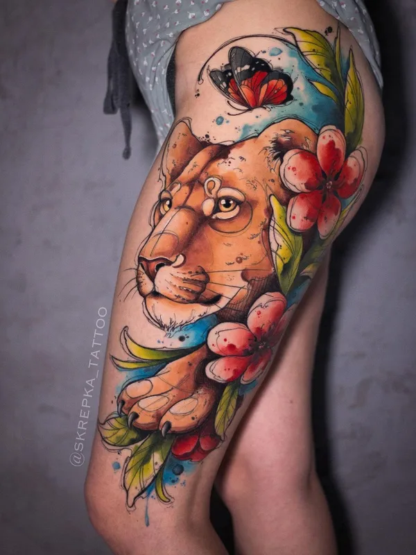 female color illustrative tattoo on thigh #43750 | Tattoo Artist Настя SKREPKA