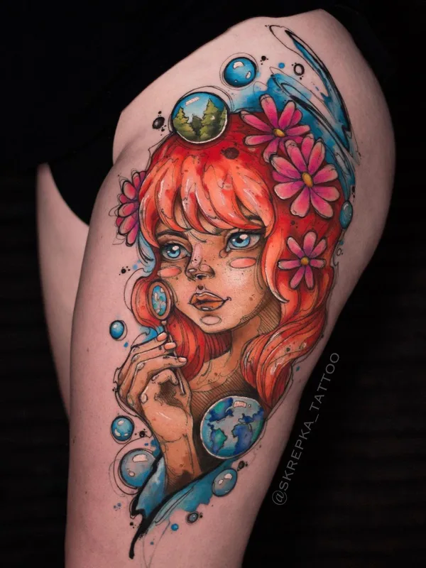 female color illustrative tattoo on thigh #43745 | Tattoo Artist Настя SKREPKA