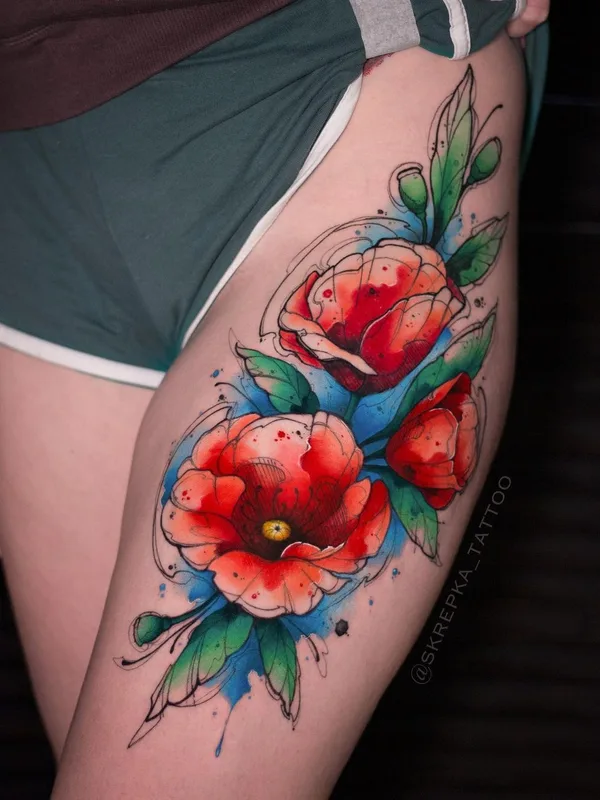 female color watercolor tattoo on thigh #43746 | Tattoo Artist Настя SKREPKA