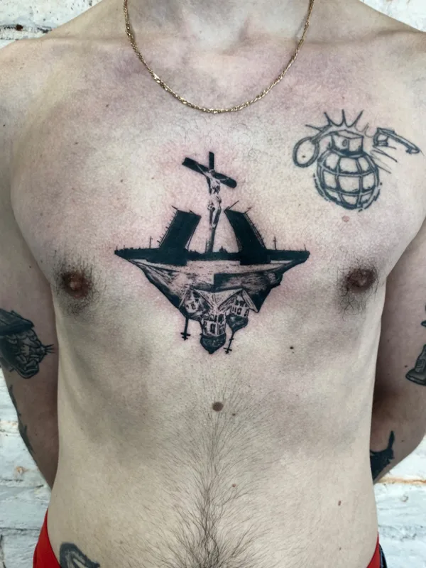 male black blackwork татуировка на chest #60012 | Тату мастер Handpokek