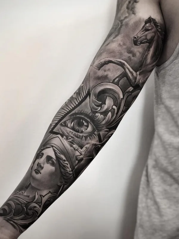 black and grey realism tattoo on full sleeve #27761 | Tattoo Artist Ezequiel Samuraii