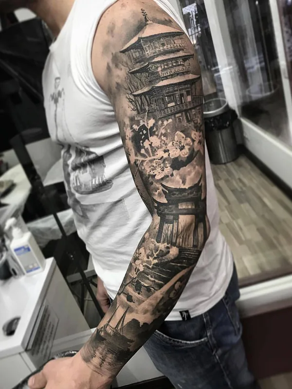 male black and grey japanese tattoo on full sleeve #27767 | Tattoo Artist Ezequiel Samuraii