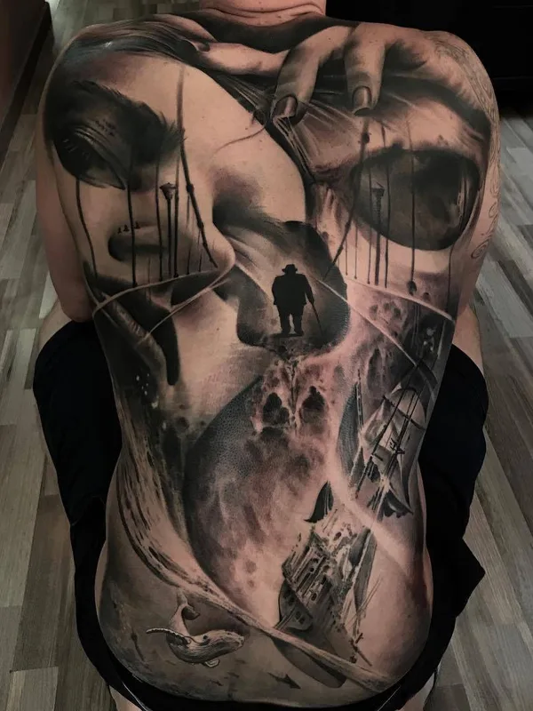 black and grey realism tattoo on full back #27762 | Tattoo Artist Ezequiel Samuraii