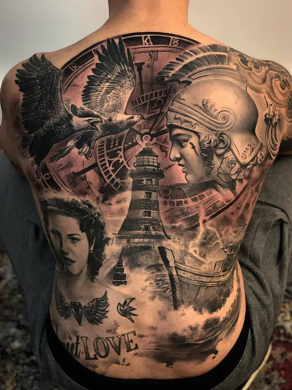 black and grey realism tattoo on full back #27759 | Tattoo Artist Ezequiel Samuraii