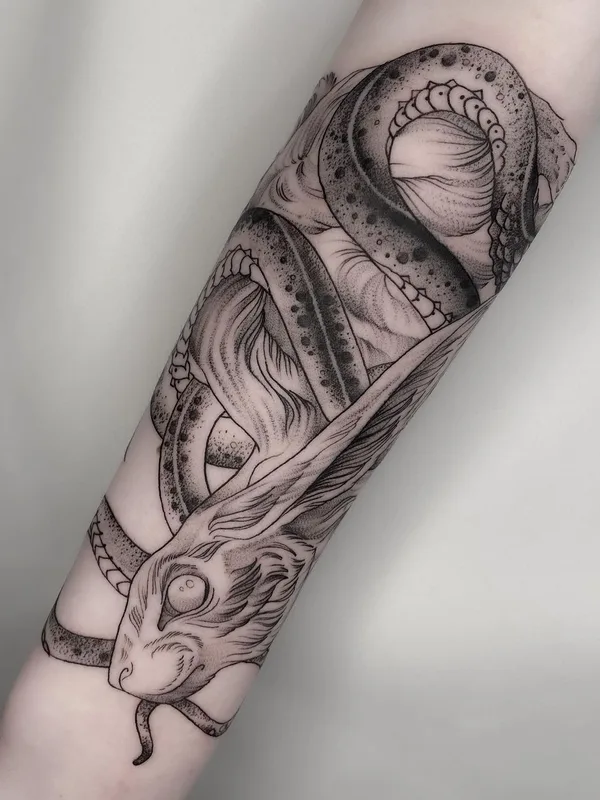 black and grey blackwork tattoo on forearm #49798 | Tattoo Artist Лизавета Черникова