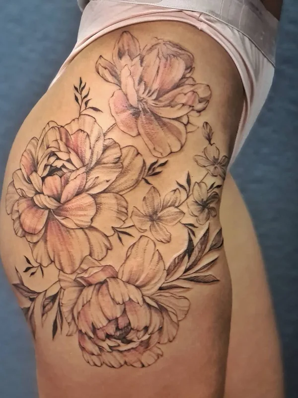 female black and grey botanic Tatuaggio su thigh #49837 | Tatuatore Яна Выкинь