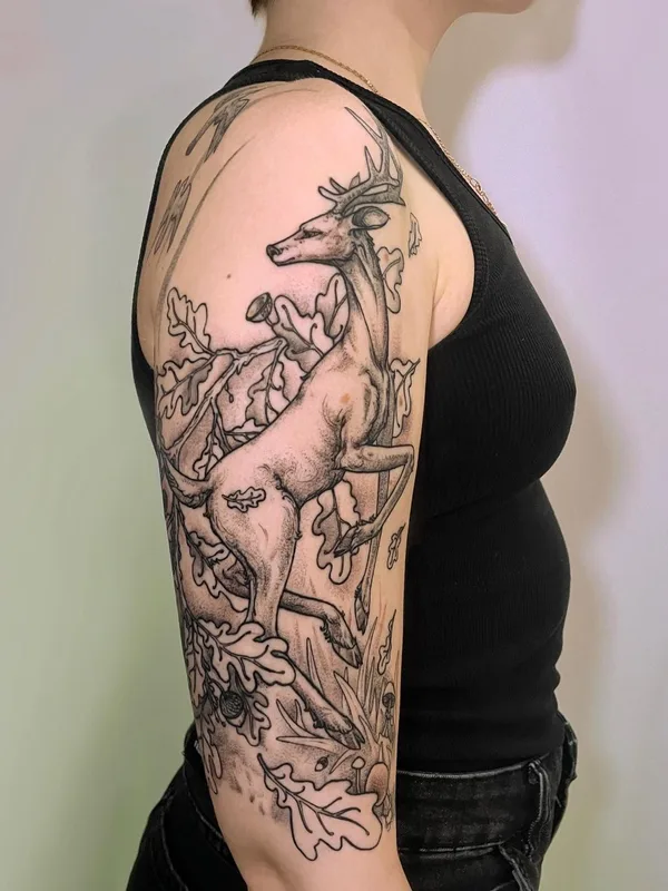 female black and grey blackwork 纹身 在 full sleeve #49923 | 纹身师 Анна Славная