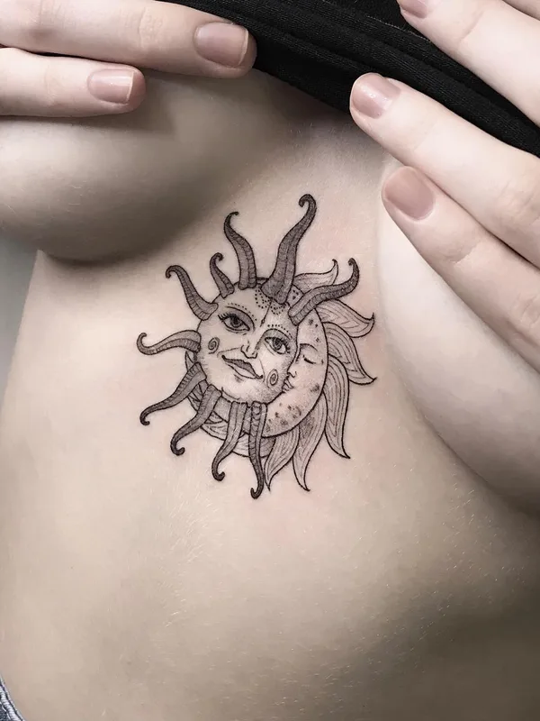 female black and grey fineline tatouage sur sternum #49969 | Artiste tatoueur Евгения Стрелецкая