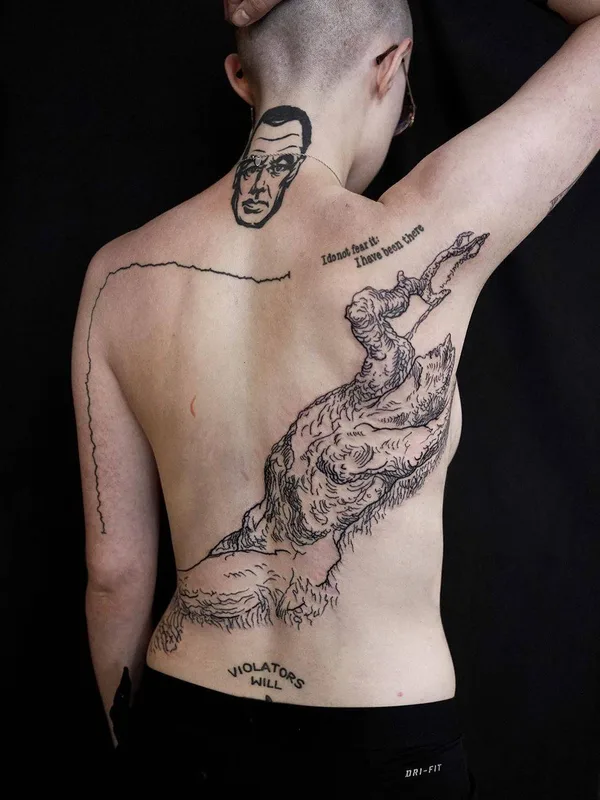 black sketch tattoo on full back #31023 | Tattoo Artist Maxime Plescia-Buchi