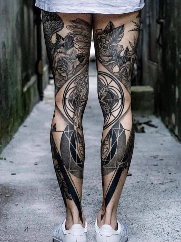 black and grey black and grey tattoo on full leg #31029 | Tattoo Artist Maxime Plescia-Buchi