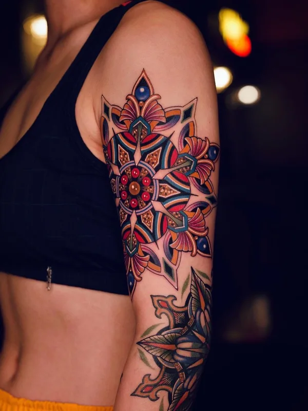 female color ornamental tattoo on full sleeve #41116 | Tattoo Artist MICO