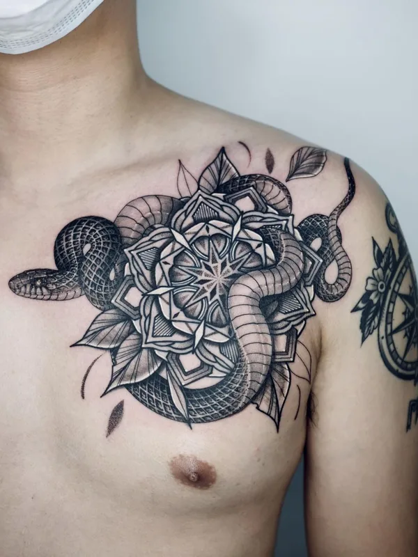 male black and grey blackwork tattoo on chest #41103 | Tattoo Artist MICO