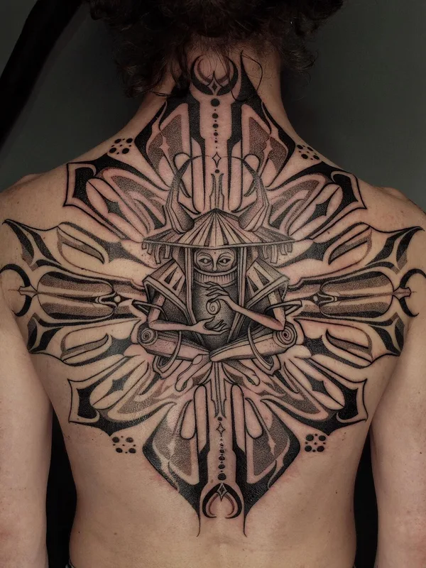 black and grey blackwork татуировка на full back #58121 | Тату мастер Stan Finger