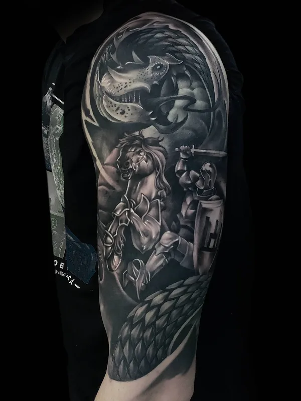 black and grey realism tattoo on full sleeve #33634 | Tattoo Artist Роман Трофимов