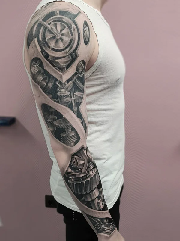 black and grey biomechanical tattoo on full sleeve #33640 | Tattoo Artist Роман Трофимов