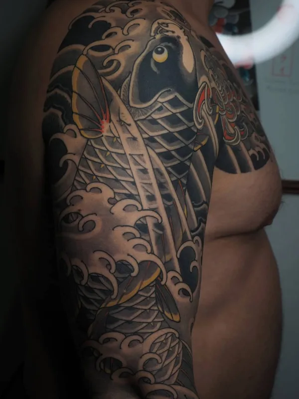 male black and grey japanese Tatuagem em full sleeve #43899 | Tatuador Денис Фетисов