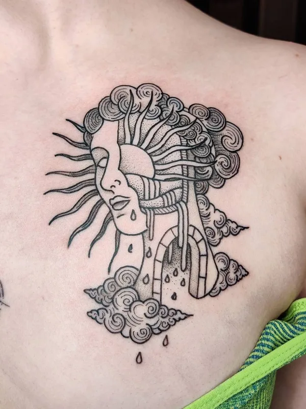 black and grey linework tatuaje en chest #43936 | Tatuador Polly Heggenes