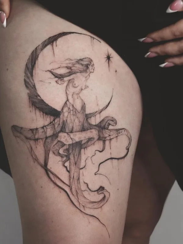 female black and grey sketch tattoo auf thigh #44000 | Tätowierer Полина Тарасенко