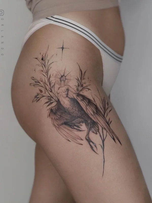 female black and grey illustrative tattoo auf thigh #44002 | Tätowierer Полина Тарасенко