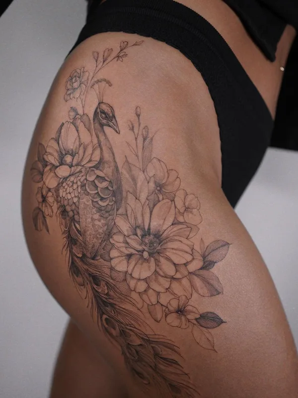 female black and grey fineline tattoo on hip #44091 | Tattoo Artist Полина Матвеева