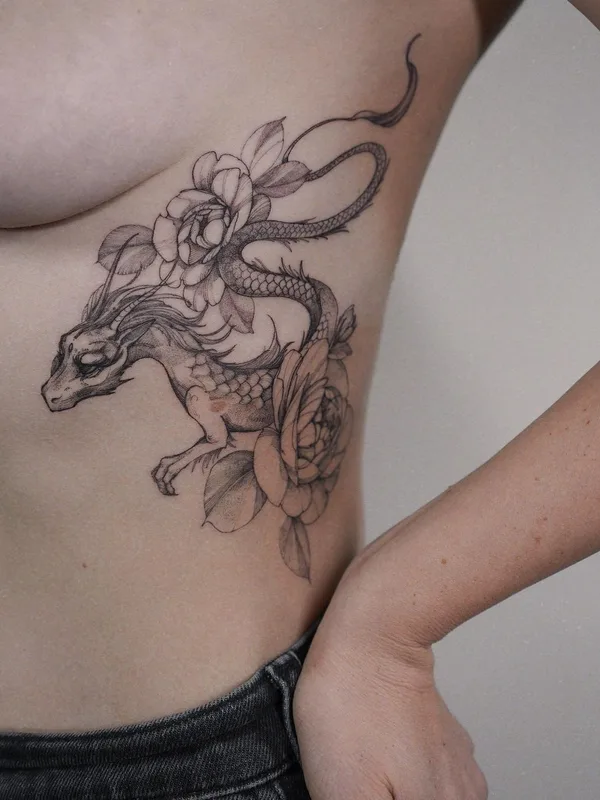 female black and grey fineline tattoo on ribcage #44096 | Tattoo Artist Полина Матвеева