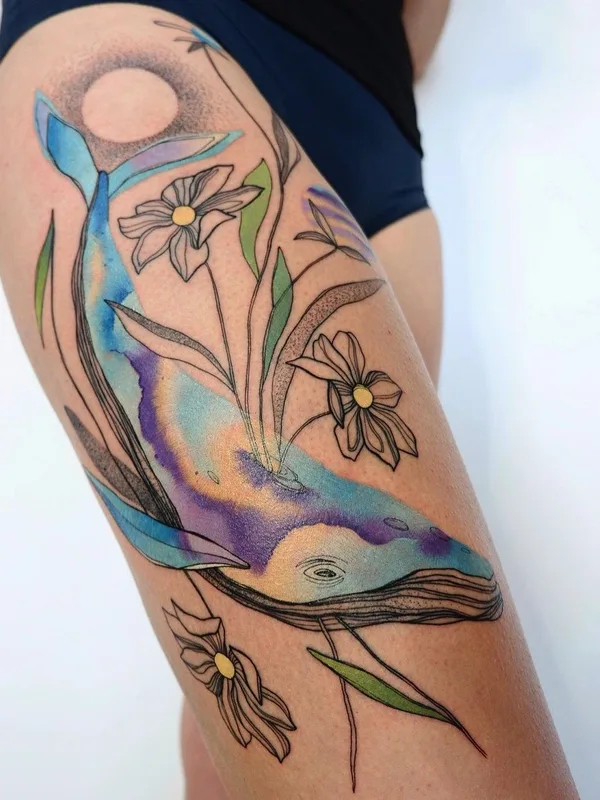color watercolor tatuaje en thigh #44171 | Tatuador Ann Lilya