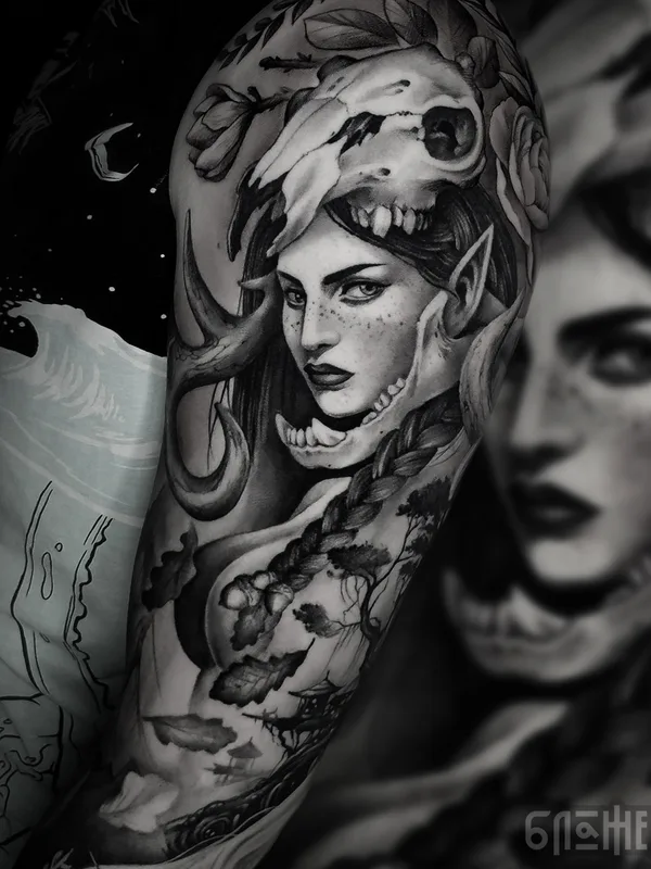 female black and grey realism татуировка на full sleeve #63879 | Тату мастер Василий Блаженный