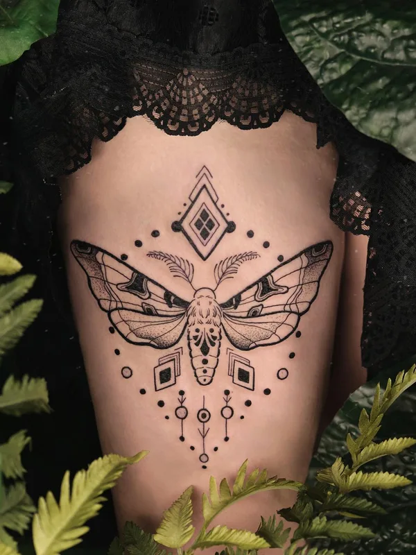 female black linework Tatuaggio su thigh #65889 | Tatuatore Madame Medusa