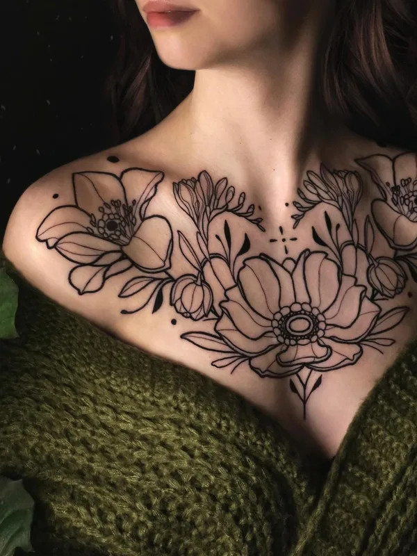 female black linework Tatuaggio su chest #65890 | Tatuatore Madame Medusa