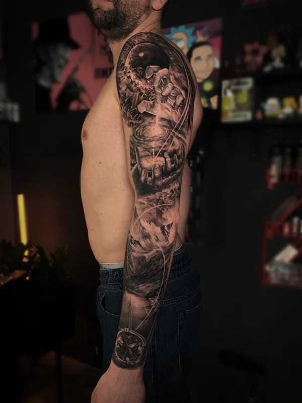 male black and grey realism татуировка на full sleeve #70033 | Тату мастер Виктория Зиман