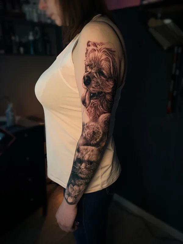 female black and grey realism татуировка на full sleeve #70031 | Тату мастер Виктория Зиман