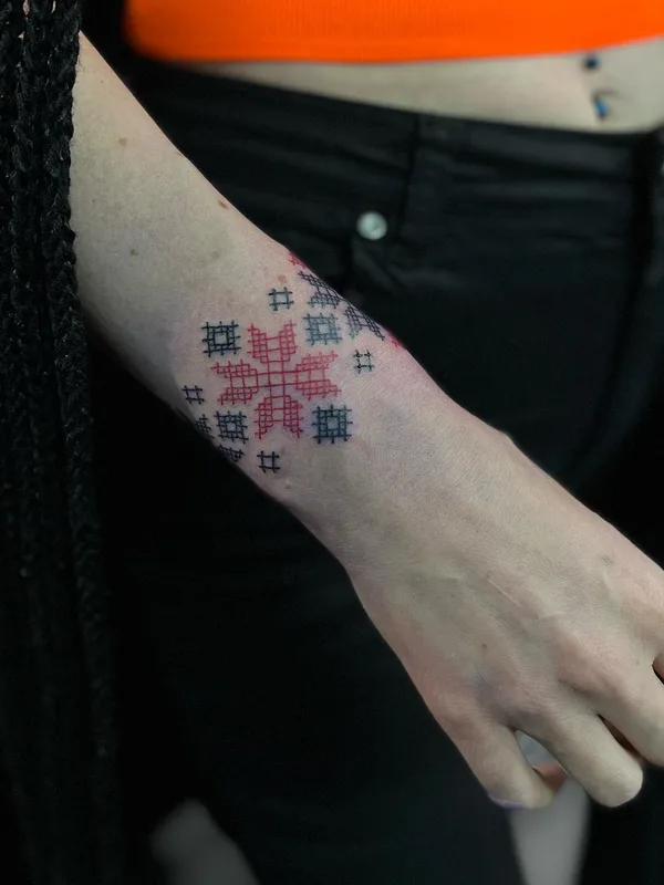 female color cross-stitch tattoo on forearm #58234 | Tattoo Artist КОД РОДУ