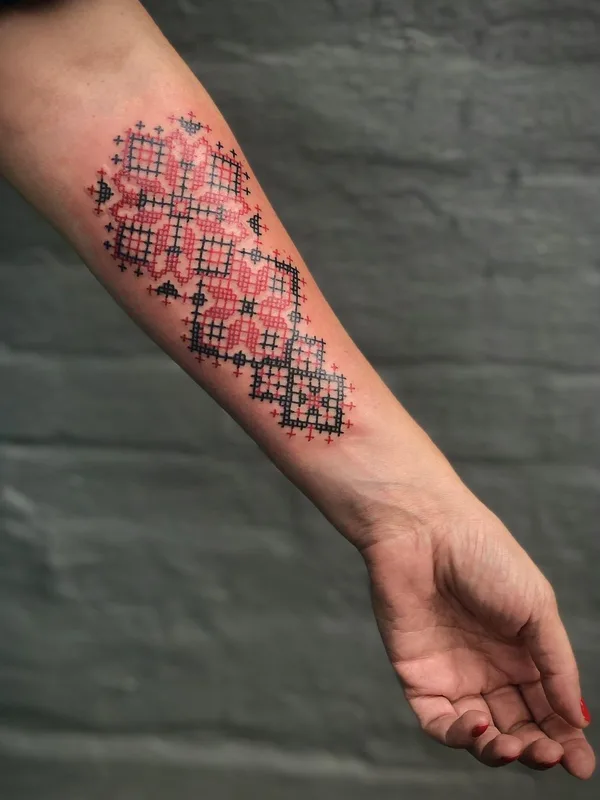 female color cross-stitch tattoo on forearm #58235 | Tattoo Artist КОД РОДУ