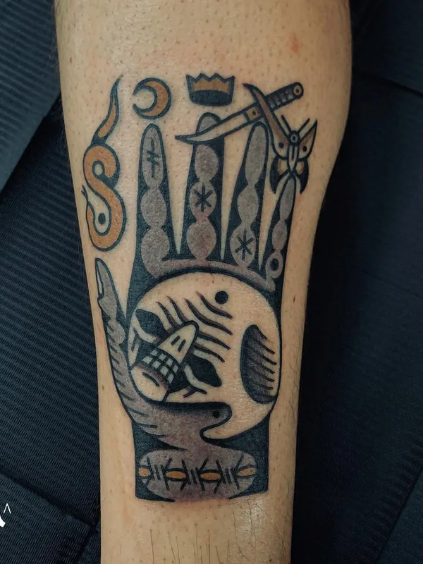 black and grey neo traditional tattoo on calf #58264 | Tattoo Artist Grim Antihero