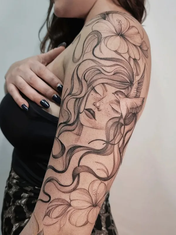 female black and grey fineline 纹身 在 full sleeve #58709 | 纹身师 Karol Dias
